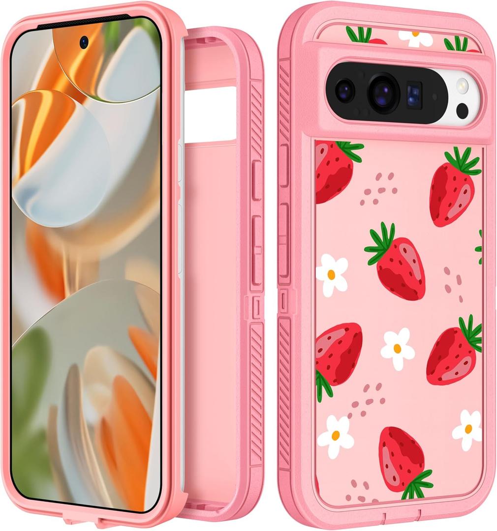for Google Pixel 9 Pro XL Case - Women Girls Cute Cover Girly Aesthetic Kawaii Unique Design Teens Pretty Strawberry Heavy Duty Shockproof Protective Phone Case for Pixel 9 Pro XL 6.8 Inch