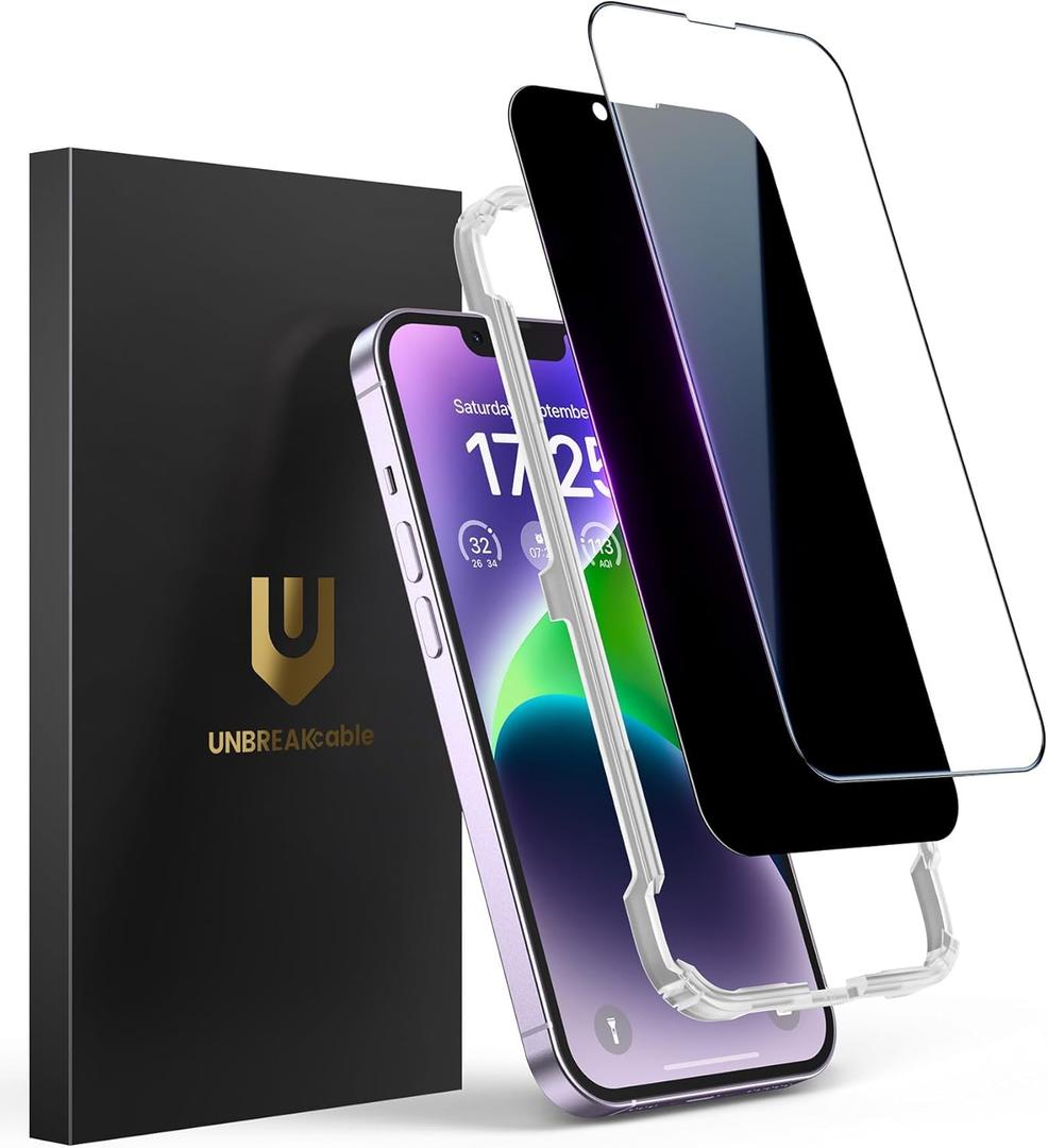 UNBREAKcable 2PCS Screen Protector for iPhone 14-1 Privacy Tempered Glass+1 Clear Glass Double Shatterproof [Easy Installation Frame] [9H Hardness] [Case Friendly] Anti-Scratch for iPhone 6.1 inch