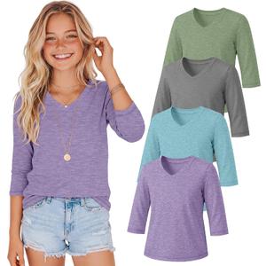4 Pack Girls' 3/4 Sleeve T Shirts | V Neck, Kids, Youth, Blouse, School, Every Wear, Casual, for 5-14 Years, Tops, Soft, Teen, Active, for Tween