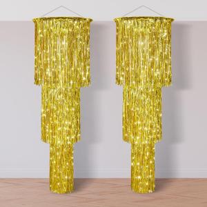 Tatuo 3 Tier Metallic Tinsel Chandelier Shimmering Fringe Chandelier Decor Hanging Decoration Photo Booth Backdrop for Birthday Anniversary Wedding New Year's Eve Party Supplies, 4 ft(2 Pcs, Gold)