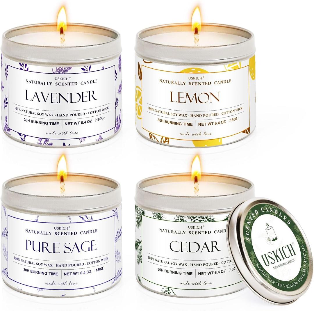 Scented Candles for Home, 6.4 oz Long Lasting Scented Candles Set,Cedar Candles for House & Lavender Candle for Stress Relief,Lemon/Puresage Candles Gifts for Women& Men-4 Pack