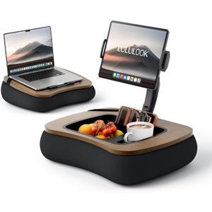 LULULOOK 2-in-1 Lap Desk & Kindle Pillow Stand, Laptop Desk Holder with Beanbag Cushion & Foldable Arm for 14" Laptop,iPad, Phone, 4.7-14.6" Tablet & Kindle Reading in Bed (Walnut Brown)