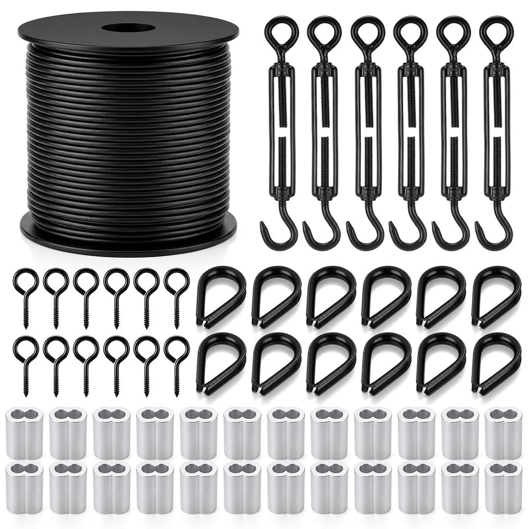 6 Pack Black Turnbuckle Wire Tensioner Kit, 100ft 1/16" Vinyl Coated 304 Stainless Steel Cable with M5 Turnbuckles for Outdoor String Light Hanging, Curtain Hanging System, Garden Trellis