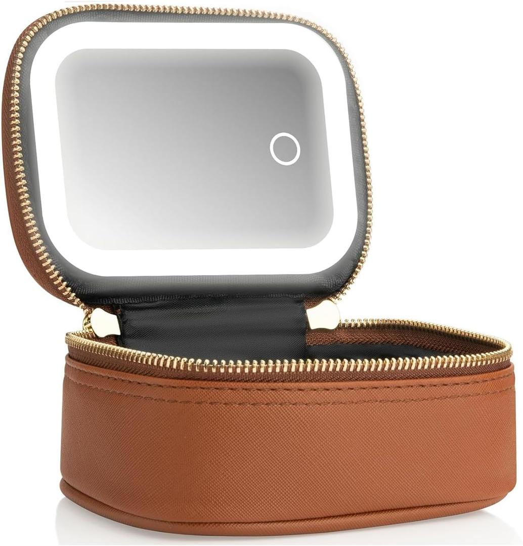 Mini Makeup Bag with Led Mirror, Small Travel Make up Bag 3 Light Modes Adjustable Brightness, for Women Organizer Cosmetic Bag, Portable Travel Train Toiletry Bag, for Pool Parties Work Touch-Ups, Brown 