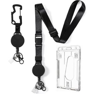 DELSWIN Heavy Duty Retractable Lanyard - Breakaway Lanyards for ID Badges Keys, Retractable Keychain with Upgraded Carabiner, Key Ring, and 2-Card Thumb-Slot Badge Holder, 8 oz Retraction (Matte Black)