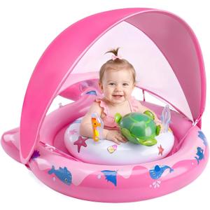 Inflatable Baby Pool Float with Sun Canopy, UPF50 Sun Protection, Portable & Easy to Store, Padded Safety Seat with, Includes Air Pump, with Toys Baby Swim Float for 6-36 Months Boys & Girls