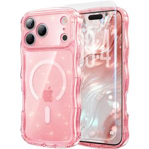 3 in 1 Magnetic for iPhone 17 Pro Max Case, Sparkly Bling Glitter Cute Curly Wave [Fit for MagSafe] 1X Screen Protector+1X Wrist Strap, Trendy Women Girly Clear Case for 17 ProMax 6.9", Pink Clear