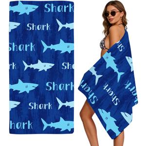 Casual Blue Shark Text Microfiber Beach Towel Oversized 71"x35" Sand Resistant Quick Dry Lightweight Ocean Lover Gift for All Ages Multiuse for Pool Camping Travel