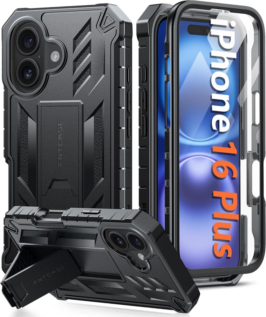 FNTCASE for iPhone 16 Plus Case: Military Grade Drop Proof Protection Mobile Cover with Kickstand | Matte Textured Rugged Shockproof TPU | Protective Sturdy Phone Case - 6.7 inch Black