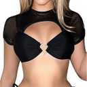 Women's Short Sleeve Sheer Bikini Top Rhinestone Shiny Cut Out Micro Crop Tops Swimwear Size M