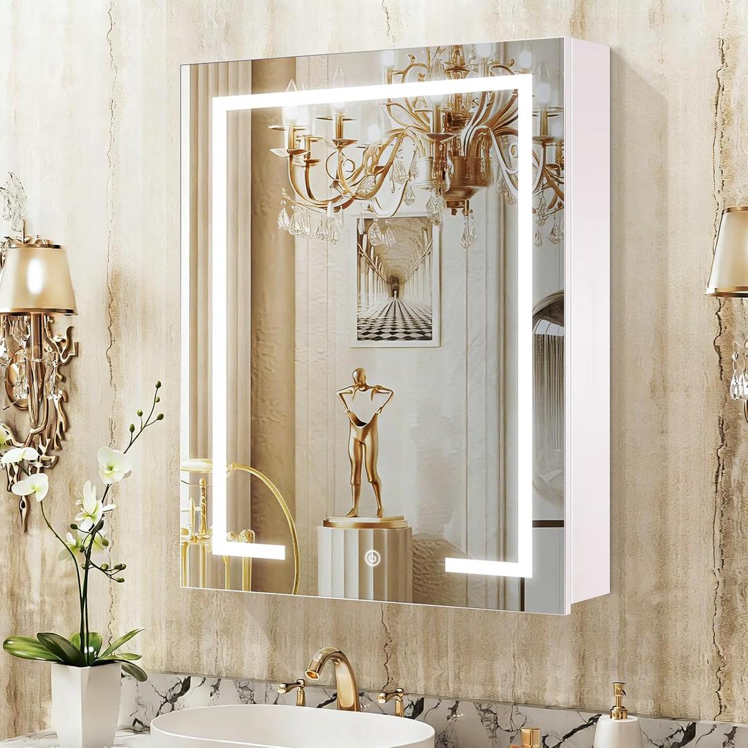 LED Medicine Cabinet with Light,Mirror Cabinet with Cosmetics Storage Rack,3X Magnifier Makeup Mirror,Lighting Glass Shelf,3 Colors&Dimmer,22×30inch,White