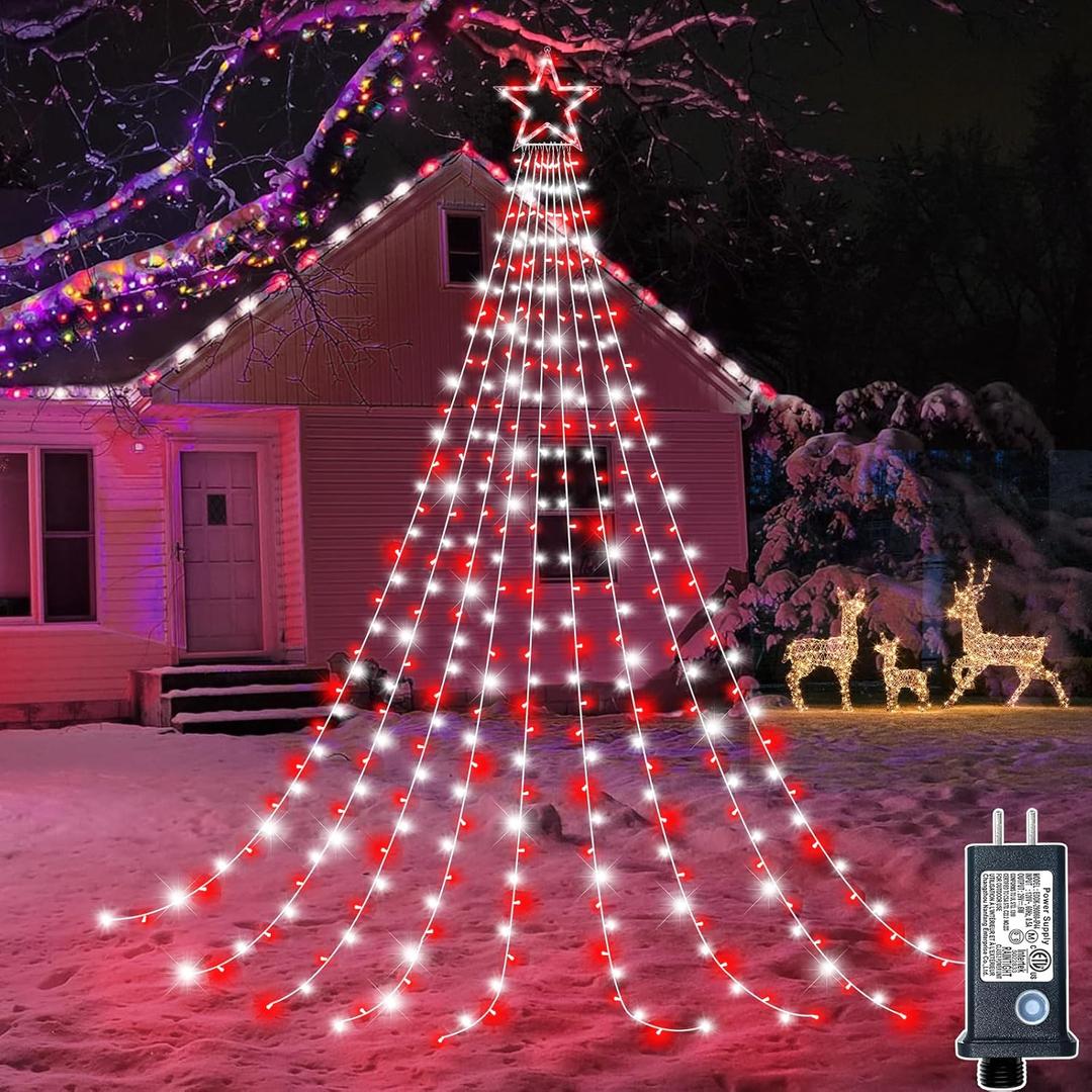 12FT 344 LED Christmas Tree Lights, Plug in Waterfall String Lights with Topper Star, Waterproof 8 Modes Outdoor Christmas Decorations for Indoor Patio Roof Garden Yard Lawn Party, Red and White