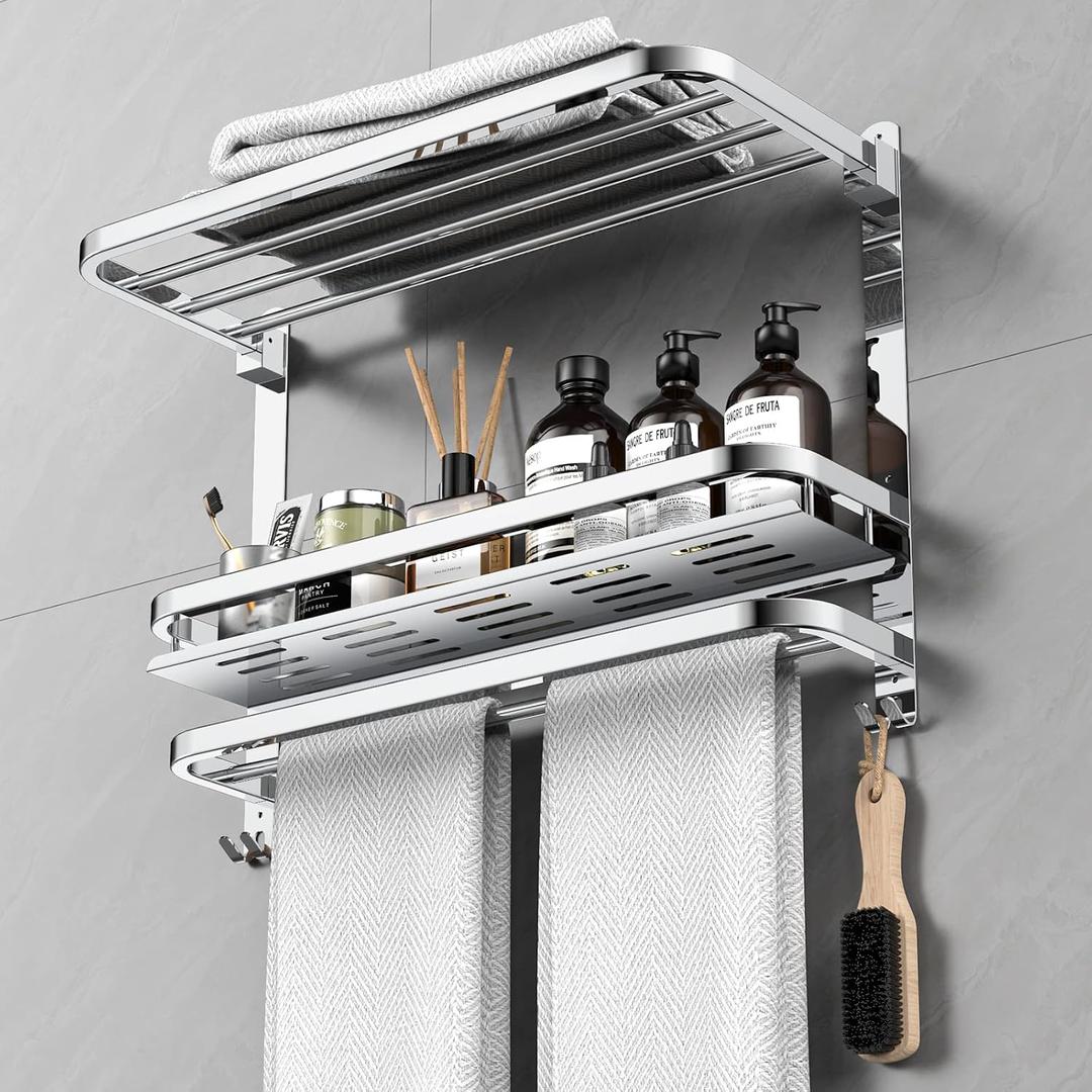 CAXIMSY Towel Rack with Shelf, 22.63" Bathroom Shelf with Double Towel Bars Stainless Steel, Wall Mounted, Foldable Top, 2 Hooks, Adhesive/Screw Install, Space-Saving for Small Bathrooms & Apartments