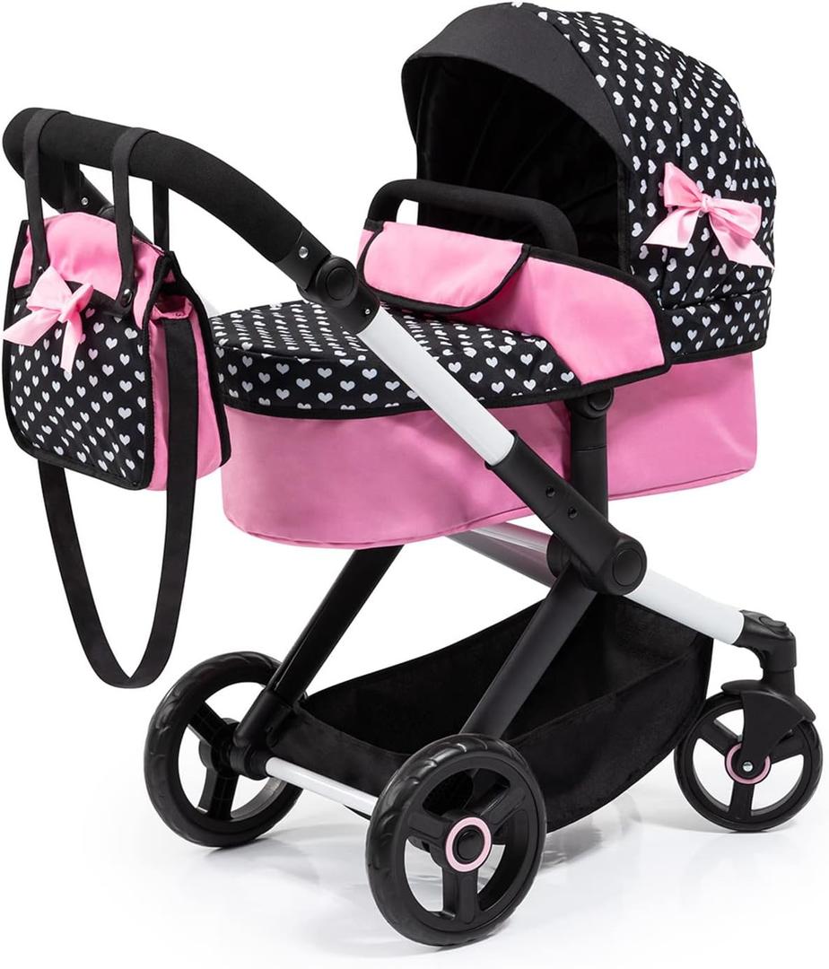 Bayer Pram Xeo Reborn Doll Stroller, Black & Pink Hearts with Matching Handbag, Convertible Jogger, Ages 3+, ys/m