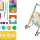 Lovevery 70-Piece Solid Wood Building Block Set, Shapes, Storage Box + Wooden Toy Stroller for Pretend Play, Ages 12 Months+