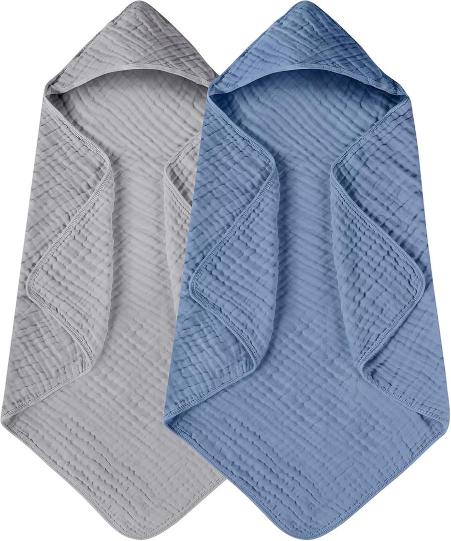 Yoofoss Hooded Baby Towels for Newborn 2 Pack 100% Muslin Organic Cotton Baby Bath Towel with Hood for Babies, Infant, Toddler and Kids, 32x32Inch, Soft and Absorbent Newborn Essential, Grey & Dark Blue