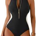 Aidonger Women's Athletic Rash Guard One Piece Swimsuit Zipper Mock Neck Bathing Suit Slimming Racerback Swimwear M