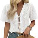 Women's Summer Vacation Eyelet Lace Blouse 100% Cotton Tie Front Short Sleeve Cropped Top, L