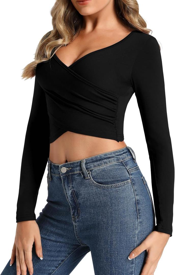 Womens Front Cross Wrap Crop Tops Deep V Neck Fitted Going Out T Shirts (X-Small, Black)