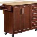 Lyromix Walnut 54" Rolling Kitchen Island Cart with Storage, Large Kitchen Cart with Folding Drop Leaf Breakfast Bar, Wood Island Table with 3 Drawers and Spice Rack & Towel Rack, Brown