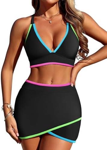 ZAFUL Women's High Waisted Bikini with Skirt Whip Stitch 2 Piece Swimsuits Tummy Control Bathing Suit, Large