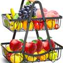 2 Tier Fruit Basket for Kitchen, Detachable Fruit Bowl for Kitchen Counter, Metal Fruit and Vegetable Storage Stand, Fruits Holder Vegetable Basket with Wood Handle, Bread and Snack Organizer (Black-Original Wood)