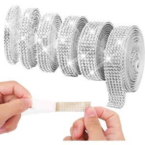 6 Rolls 6 Yards Rhinestone Ribbon Self Adhesive, Silver Rhinestone Strips,Bedazzling Tape with 2 mm Rhinestones