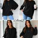 AlvaQ Sweatshirt for Women Oversized Casual Long Sleeve Button Henley Neck Pullover Tunic Tops Fall Fashion Outfits (Black)