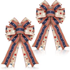 Moucuny 2 Pcs Memorial Day Bows 4th of July Patriotic Burlap Bow Red White Blue Stars Tree Topper American Flag Wreath for Indoor Outdoor 250th Anniversary Independence Party Decoration(Rustic)