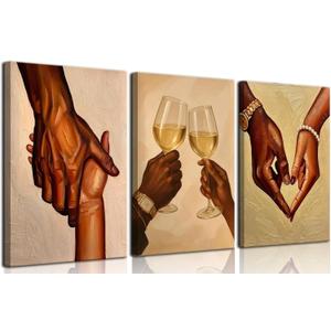 3Pcs Black Couple Canvas Wall Art Black Love Wall Decor Pictures African American Couple Holding Hands Posters Prints for Living Room Bedroom Decoration 12x16in