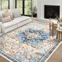 COZYLOOM Washable Area Rugs 8x10 Rug for Living Room Boho Oriental Vintage Rug Non Slip Throw Rugs Large Area Rug for Bedroom Low Pile Stain Resistant Carpet for Dining Room Nursery 8ftx10ft Blue/Beige
