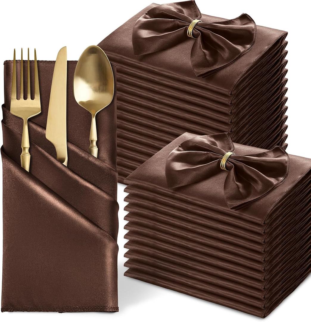 MILVOWOC 24 Pack Square Chocolate Brown Satin Napkins 20 x 20 Inch Soft Silk Dinner Napkins Smooth Decorative Table Napkins, Silky Cloth Napkins for Weddings Dinner Restaurant Party Decoration