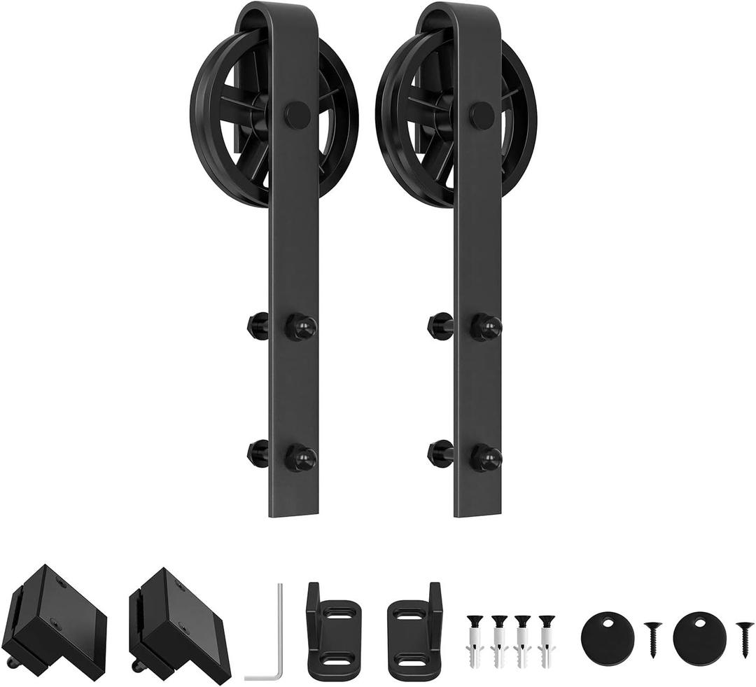 WINSOON Black Antique Hangers Rollers Kit Include Floor Guide/Door Stoppers/Screw/Anti-Jump Block, Sliding Barn Door Hardware Hangers Rollers 2pcs (J Shape Bending Design)