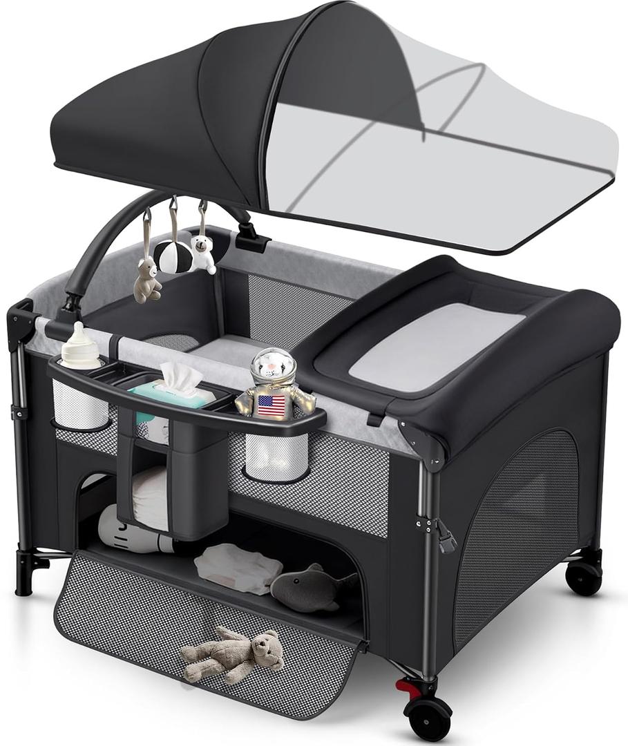 4 in 1 Baby Bassinet Bedside Crib with One-Hand Setup & Waterproof Mattress ASTM-Certified Pack and Play, Portable Foldable Playard with Diaper Changer for Newborn to Toddler(Black)
