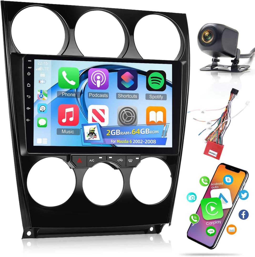 [2+64] Volxcereo Car Radio for Mazda 6 2002 2003 2004 2005 2006 2007 2008, 9 inch Android Touchscreen Stereo with Carplay/Android Auto, GPS, WiFi, Bluetooth, SWC, FM/RDS, Backup Camera