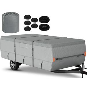 Tuszom Pop Up Camper Tent Trailer Cover Extra Thick 7 Layers Tearproof Popup Folding Camper Coverwith Storage Bag and 7PCS Windproof Straps (7 Layers Non-Woven Fabric) (Gray, Fits 12'-14')