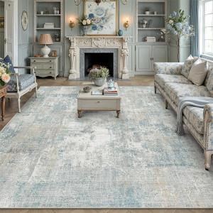 10x14 Washable Area Rug Blue Cream Abstract Non Slip Soft Low Pile Rug for Living Room Bedroom Dining Room Office Neutral Modern Indoor Large Throw Carpet for Home Decor