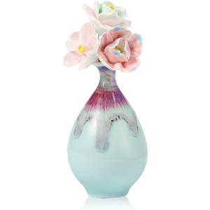 Purple and White Natural Glaze Vase with Three Ceramic Flowers