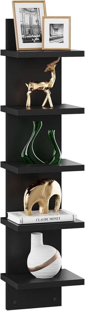 IBUYKE 5 Tier Wall Shelf Unit, Black Vertical Shelf, Floating Storage Wall Shelf, Decorative Wall Mount Vertical Shelving for Home, Bedroom, Living Room, Office Decor WBC009B