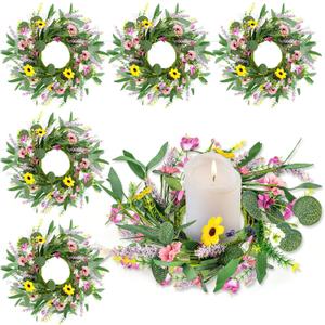 6 Pcs 9" Small Spring Wreath for Kitchen Cabinet Floral Wedding Candle Rings Wreaths Spring Summer Wildflower Wreath with Ribbon for Pillars Front Door Porch Wall Window Farmhouse Party Home Decor