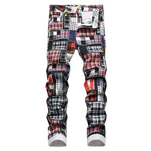 Men's Straight Slim Fit Plaid Printed Jeans Skinny Denim Pants,845 Black&Plaid, Size 30
