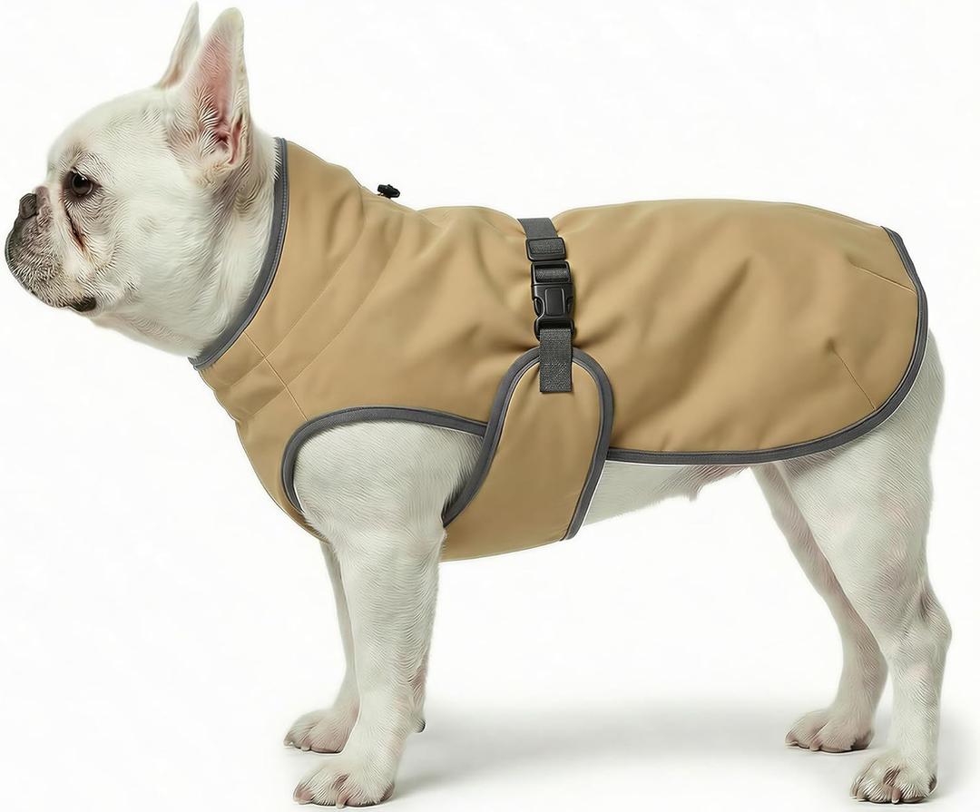 Dog Winter Vest with Fur-Safe Buckle (No Hook & Loop), Water-Repellent Fleece Lined Jacket, 360 Reflective, Leash Hole & Leg Straps, Adjustable for Hiking & Active Dogs (Brown, Small)