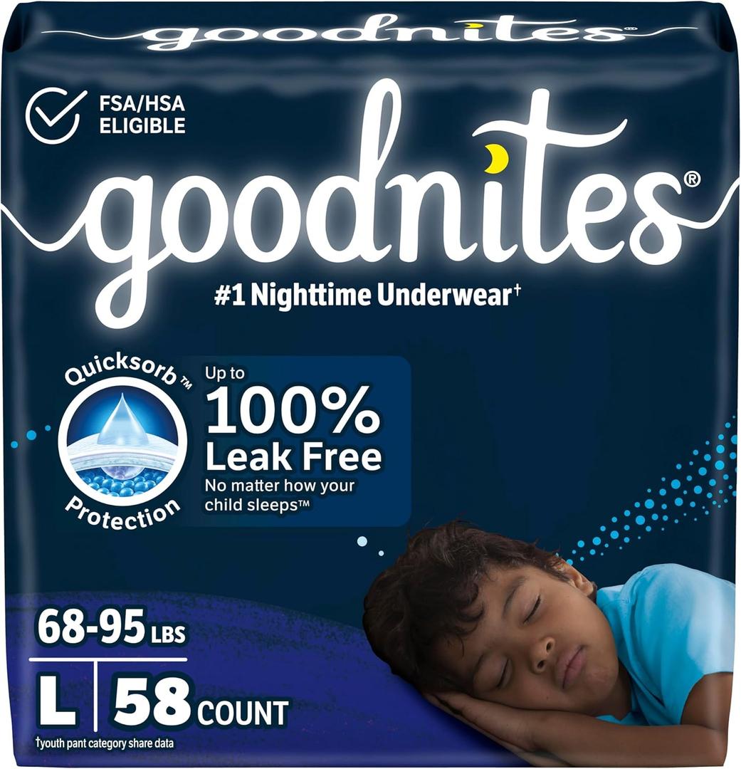 Goodnites Boys' Nighttime Bedwetting Underwear, Size Large (68-95 lbs), 58 Ct (2 Packs of 29), 