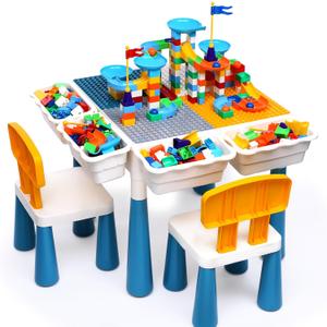 Arscniek Toddlers Activity Table 7 in 1 Kids Activity Tables and Chair Set with 152Pcs Large Marble Run Building Blocks, Sand/Water Tables, Kids Learning Play Table Toys for Girls Boys Toddler Age 3-7 (Blue)