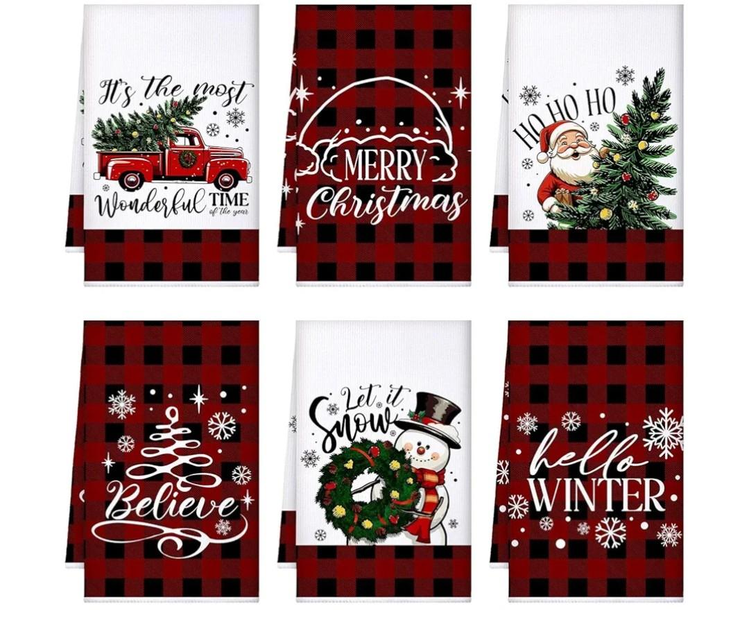 Preboun 6 Pcs Christmas Kitchen Towels Buffalo Check Plaid Dish Towels Winter Hand Towels Farmhouse Tea Towels Housewarming Gifts for Xmas Holiday Home Kitchen Decor