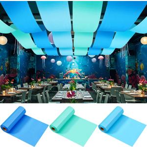 3 Roll 32 Inch x 66 Feet Ocean Ceiling Curtain Under The Ocean Themed Birthday Party Decorations Blue Ceiling Decorations Plastic Sea Table Cover for Under Water Birthday Party Backdrop
