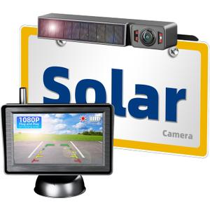 Solar Wireless Backup Camera with IR Night Vision, 3 Mins No Wires Install, Equip with 5'' HD 1080P Monitor, IP69K Waterproof Rear View Reverse Camera for Cars Trucks Trailers RV