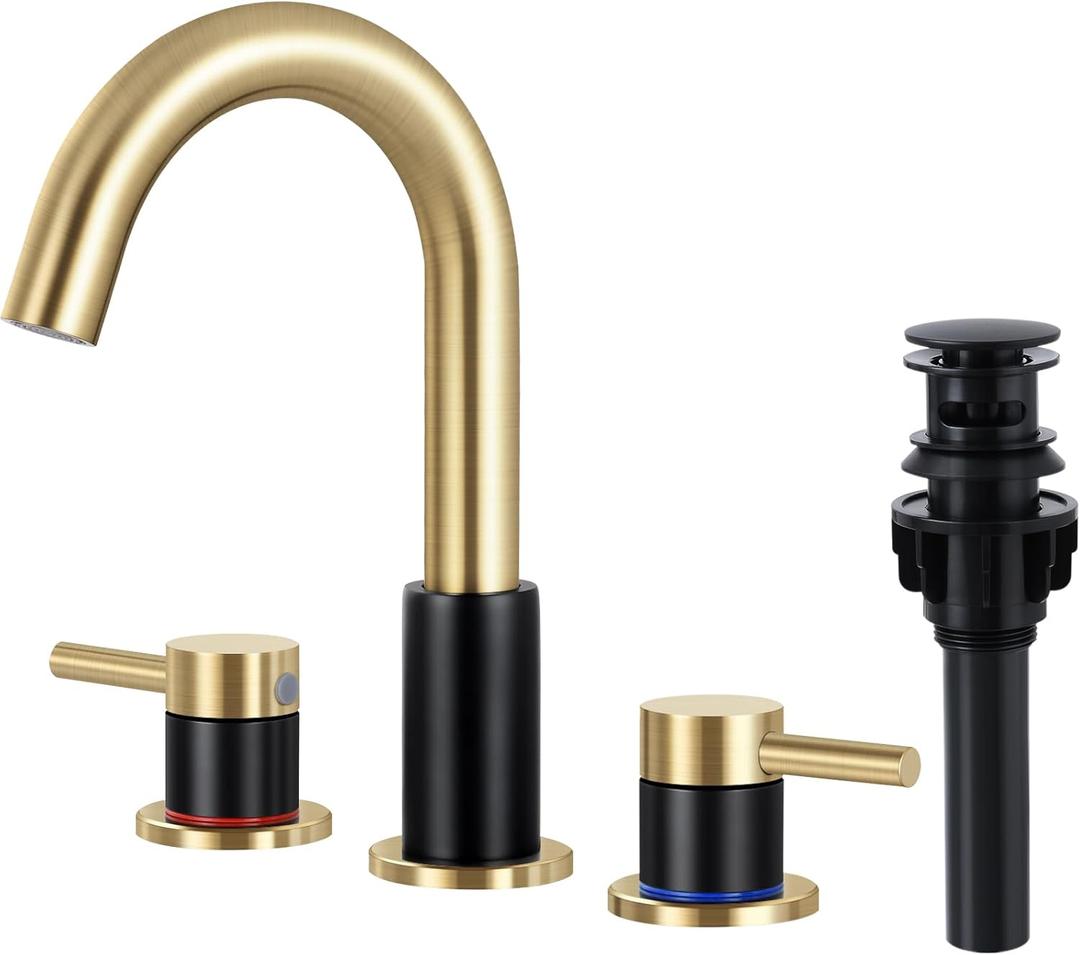 FGKQ Bathroom Faucets 3 Hole, 8 Inch Widespread Bathroom Sink Faucets with Pop Up Drain, Sink Faucet Bathroom 2 Handles with Water Supply Pipes, Gold and Black