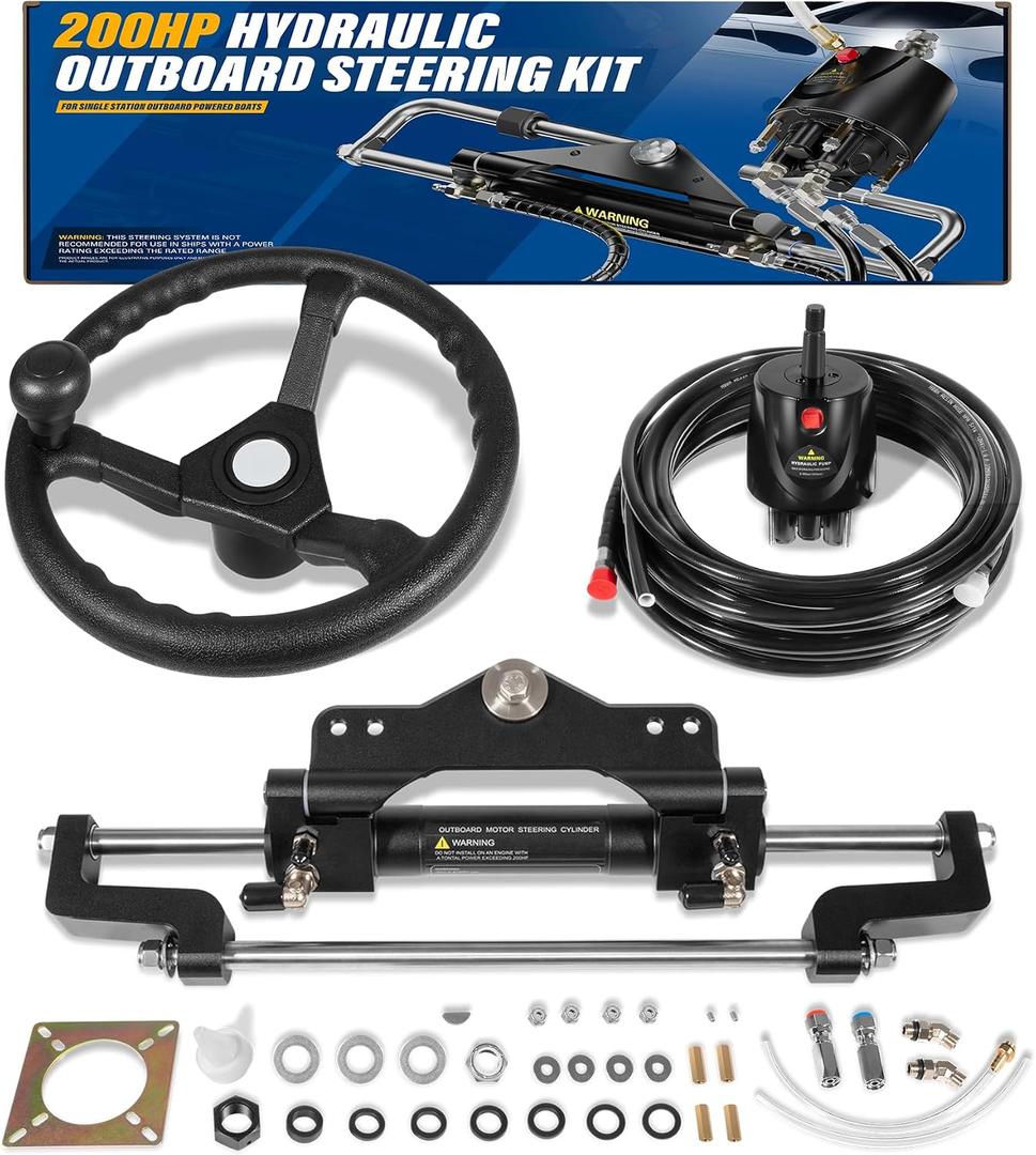 200HP Hydraulic Outboard Steering Kit Boat Marine System with Steering Wheel, Helm Pump, Hydraulic Cylinder, 26ft PU Hoses, Fit for Most Single Outboard-Powered Boats