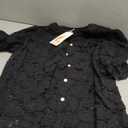 PRETTYGARDEN Womens 2025 Spring Lace Tops Short Puff Sleeve Casual Dressy Blouses Eyelet Crew Neck Button Down Shirts (Large, Black)